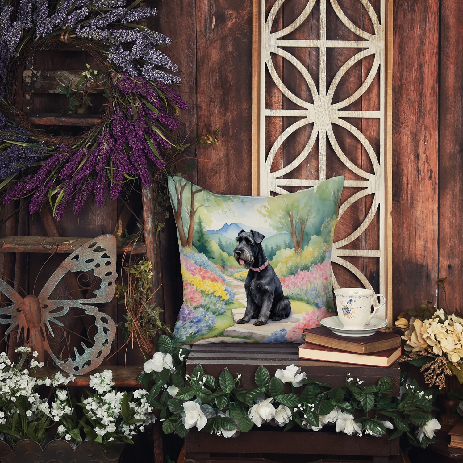 Giant Schnauzer Spring Path Decorative Throw Pillow 18x18 Indoor Outdoor Accent Cushion, Fabric Cover with Insert for Sofa, Bed, Porch & Living Room