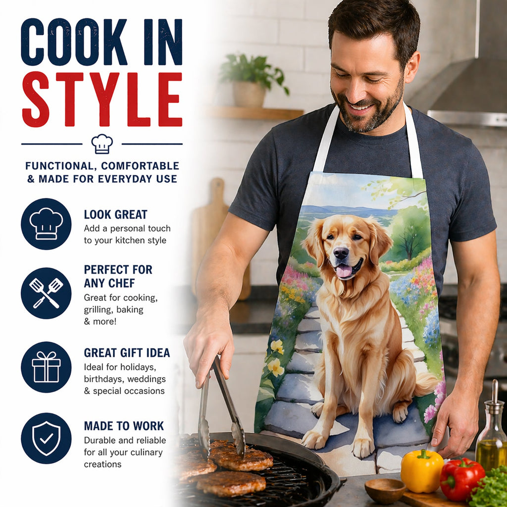 Golden Retriever Spring Path Apron Cooking Kitchen Server Baking Crafts Gardening for Adult Women Men, Unisex, Large, Multicolor