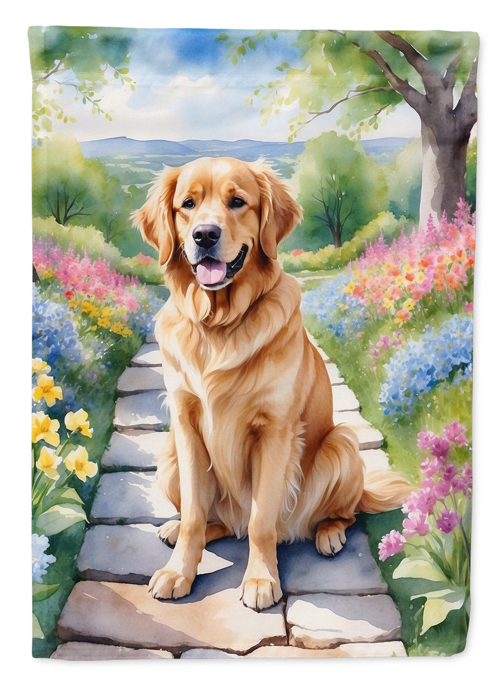 Golden Retriever Spring Path House Flag 28x40 Porch Sleeve Pole Decorative Outside Yard Banner Artwork Wall Hanging, Polyester