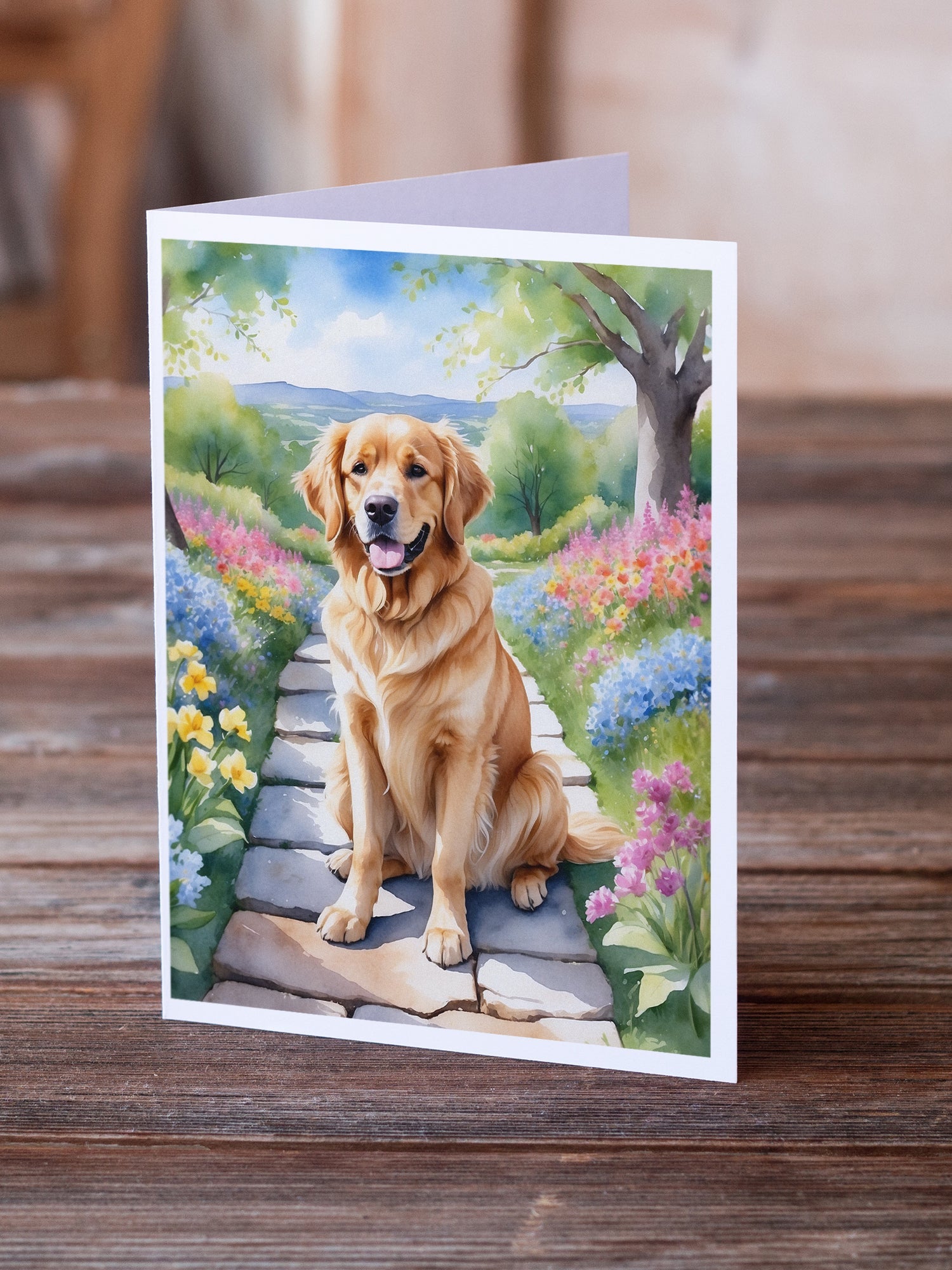 Golden Retriever Spring Path Greeting Cards Pack of 8 Blank Cards with Envelopes Whimsical A7 Size 5x7
