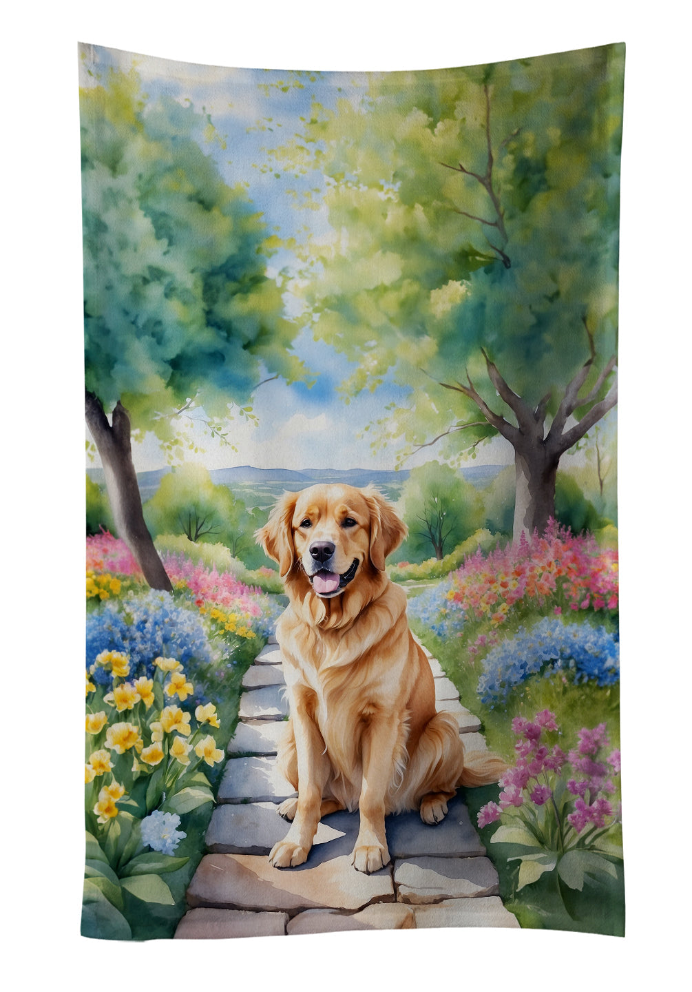 Golden Retriever Spring Path Kitchen Towel Velour Plush Front and Cotton Loop Back Machine Washable