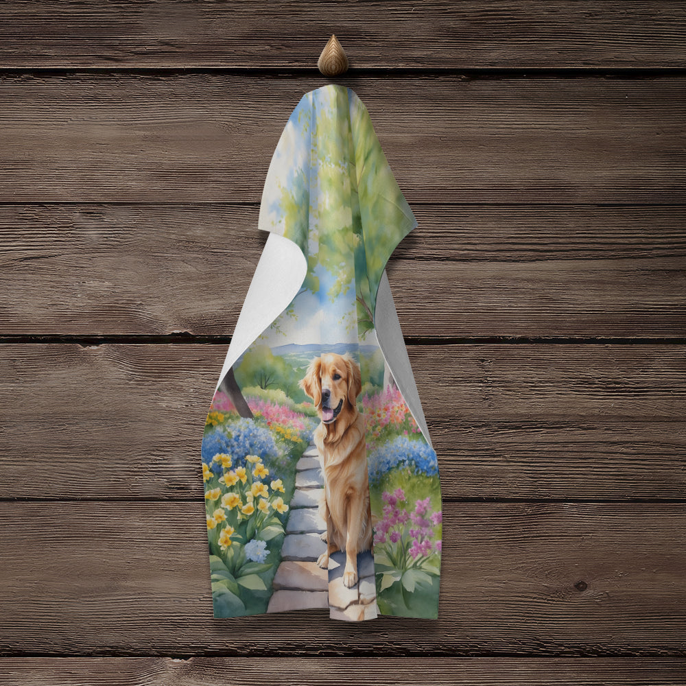 Golden Retriever Spring Path Kitchen Towel Velour Plush Front and Cotton Loop Back Machine Washable