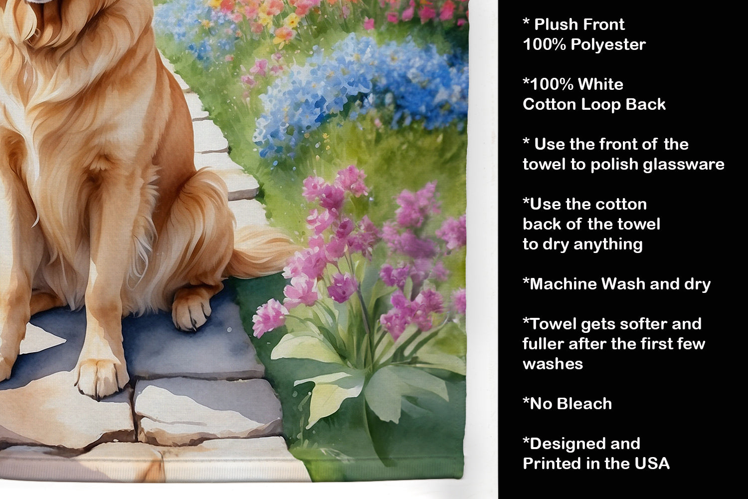 Golden Retriever Spring Path Kitchen Towel Velour Plush Front and Cotton Loop Back Machine Washable