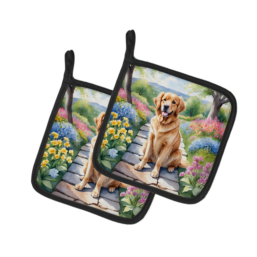 Golden Retriever Spring Path Pot Holder Set of 2 Heat Resistant Quilted Hot Pads 7.5 x 7.5 Inch, Insulated Kitchen Trivets for Cooking & Baking