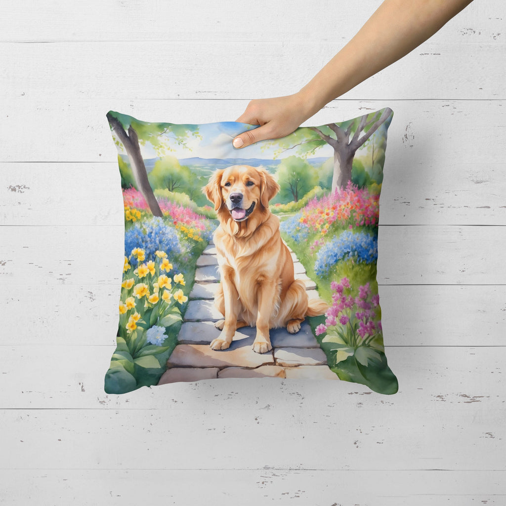 Golden Retriever Spring Path Decorative Throw Pillow 18x18 Indoor Outdoor Accent Cushion, Fabric Cover with Insert for Sofa, Bed, Porch & Living Room
