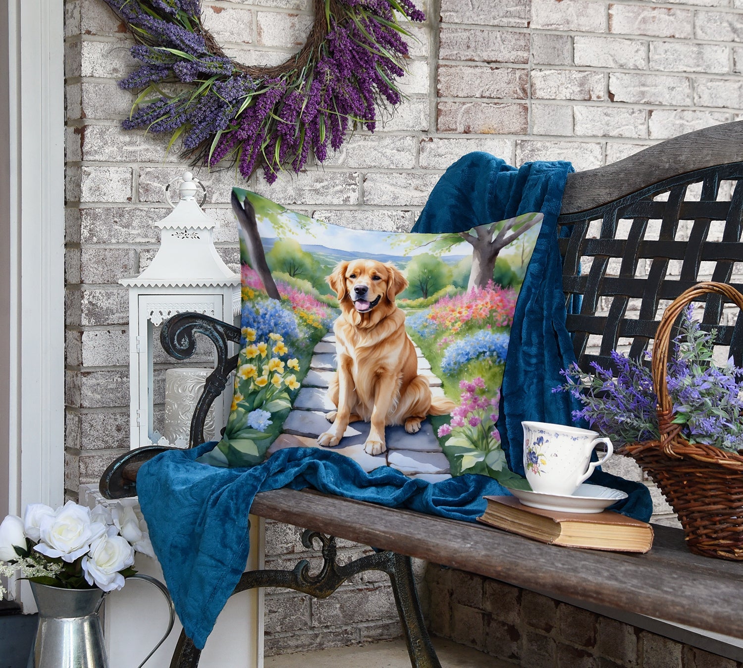Golden Retriever Spring Path Decorative Throw Pillow 18x18 Indoor Outdoor Accent Cushion, Fabric Cover with Insert for Sofa, Bed, Porch & Living Room