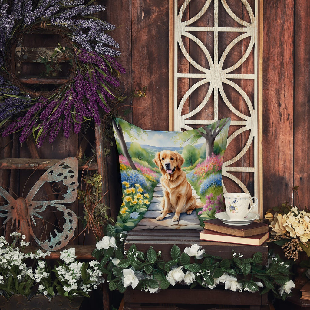 Golden Retriever Spring Path Decorative Throw Pillow 18x18 Indoor Outdoor Accent Cushion, Fabric Cover with Insert for Sofa, Bed, Porch & Living Room