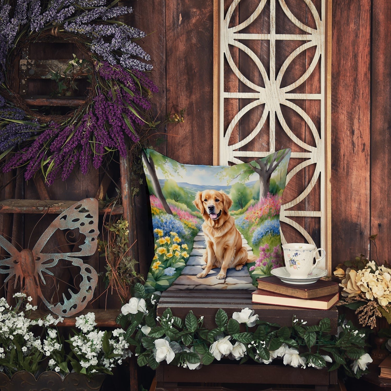 Golden Retriever Spring Path Decorative Throw Pillow 18x18 Indoor Outdoor Accent Cushion, Fabric Cover with Insert for Sofa, Bed, Porch & Living Room