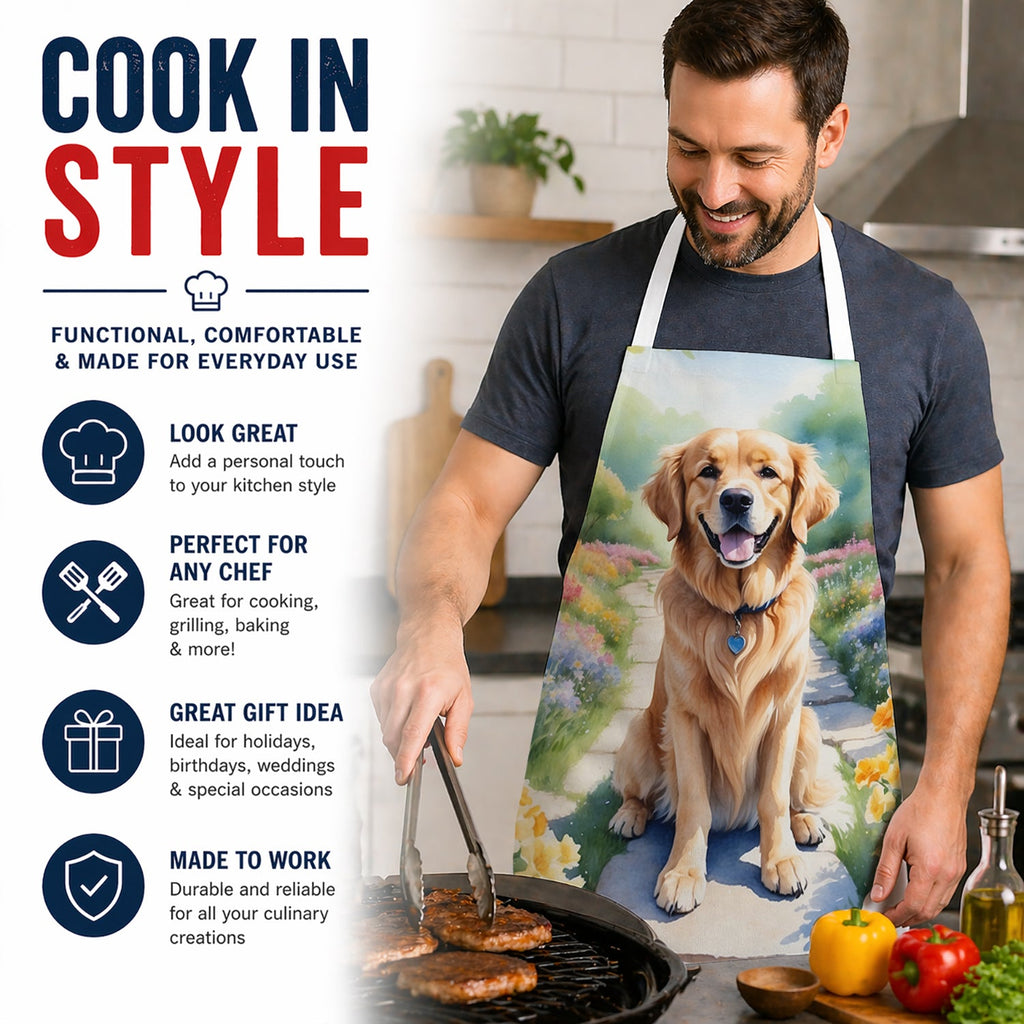 Golden Retriever Spring Path Apron Cooking Kitchen Server Baking Crafts Gardening for Adult Women Men, Unisex, Large, Multicolor