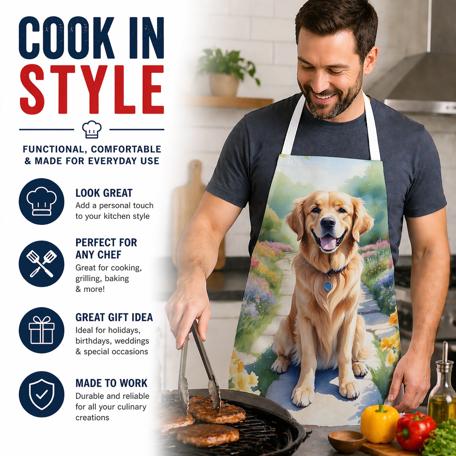 Golden Retriever Spring Path Apron Cooking Kitchen Server Baking Crafts Gardening for Adult Women Men, Unisex, Large, Multicolor