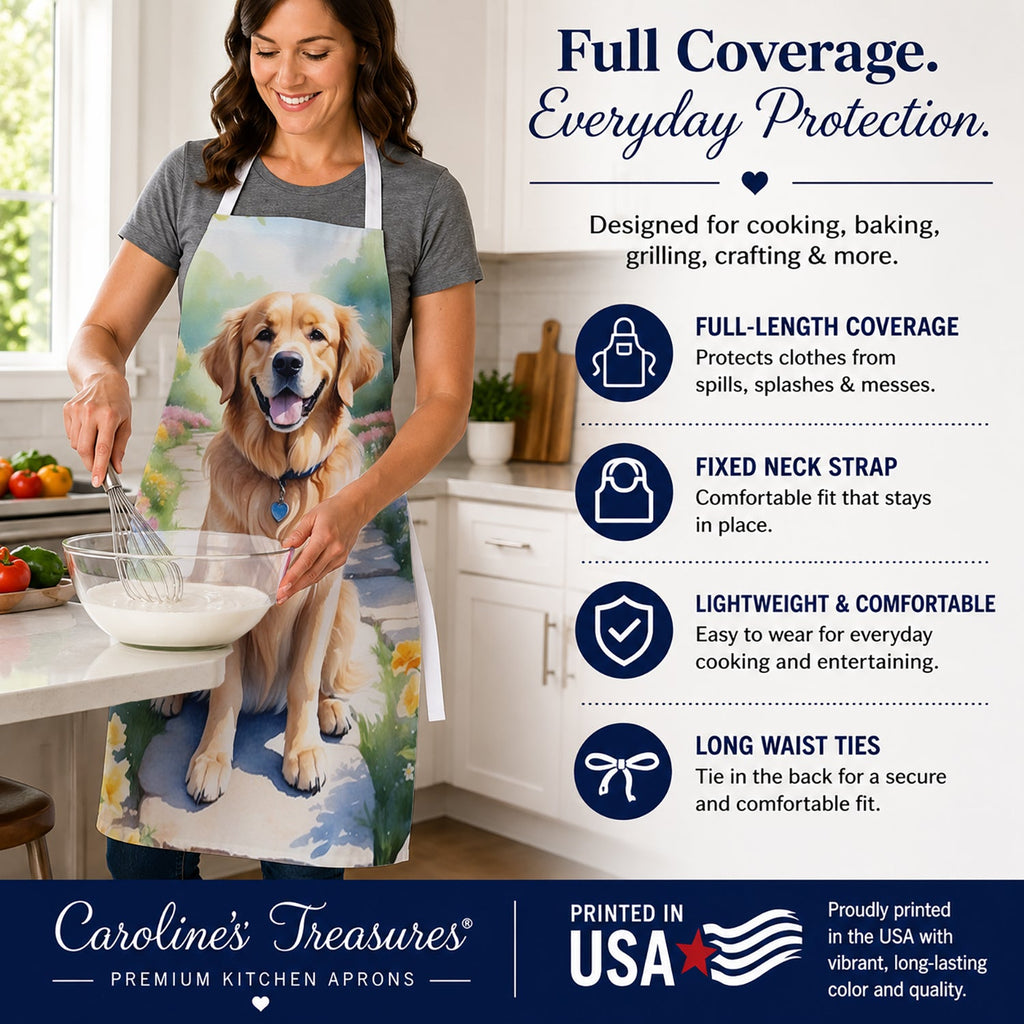 Golden Retriever Spring Path Apron Cooking Kitchen Server Baking Crafts Gardening for Adult Women Men, Unisex, Large, Multicolor