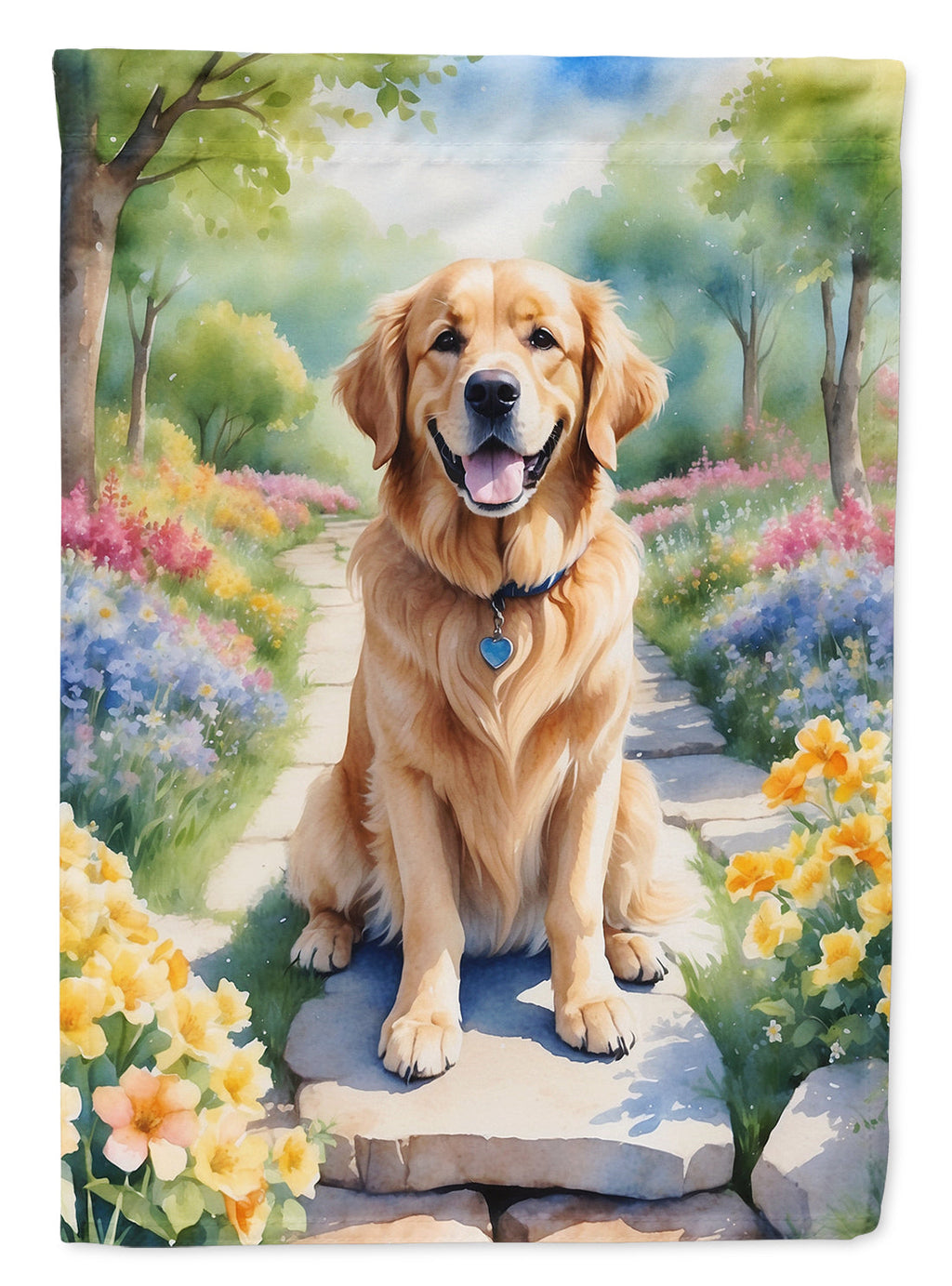 Golden Retriever Spring Path House Flag 28x40 Porch Sleeve Pole Decorative Outside Yard Banner Artwork Wall Hanging, Polyester