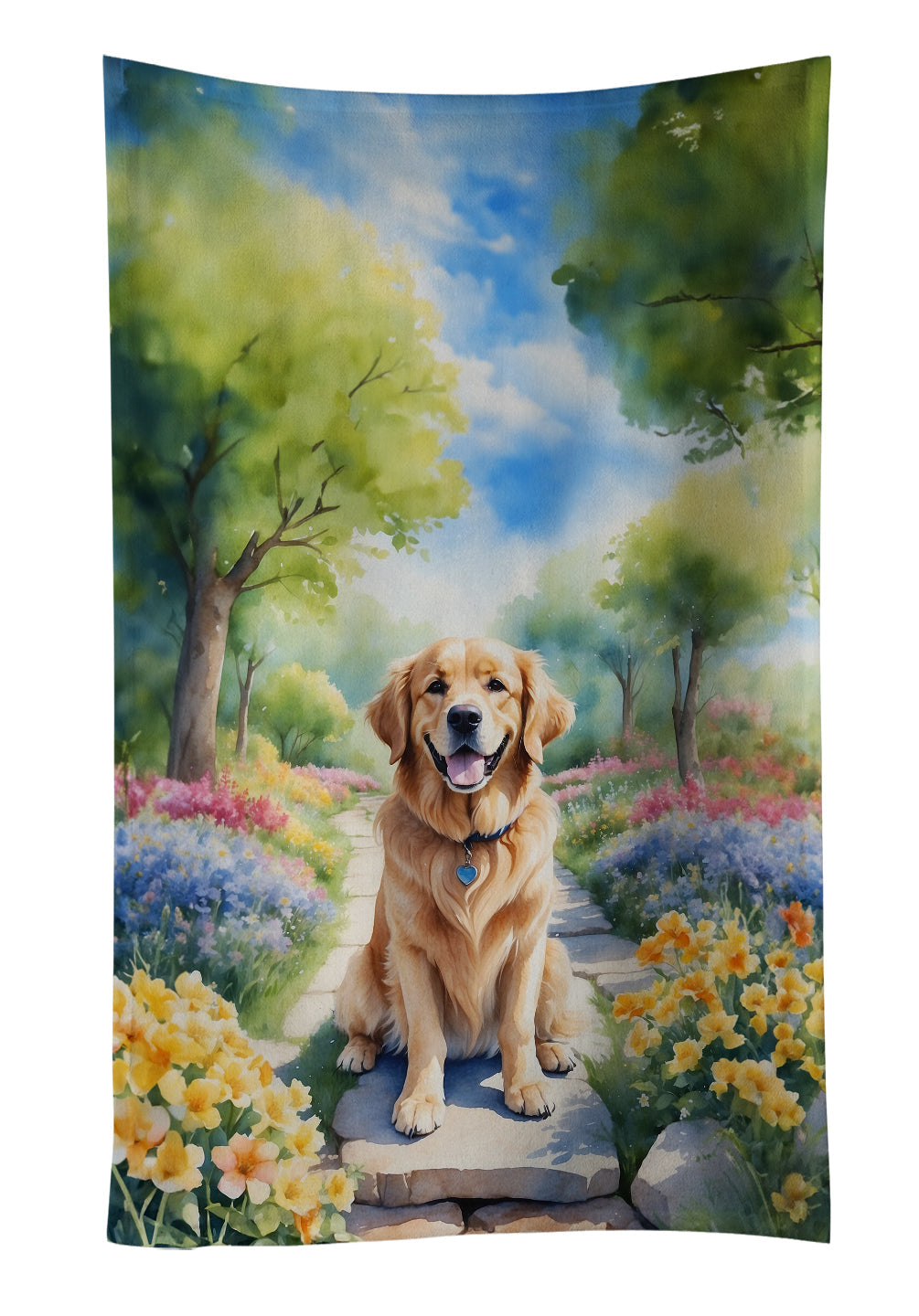 Golden Retriever Spring Path Kitchen Towel Velour Plush Front and Cotton Loop Back Machine Washable