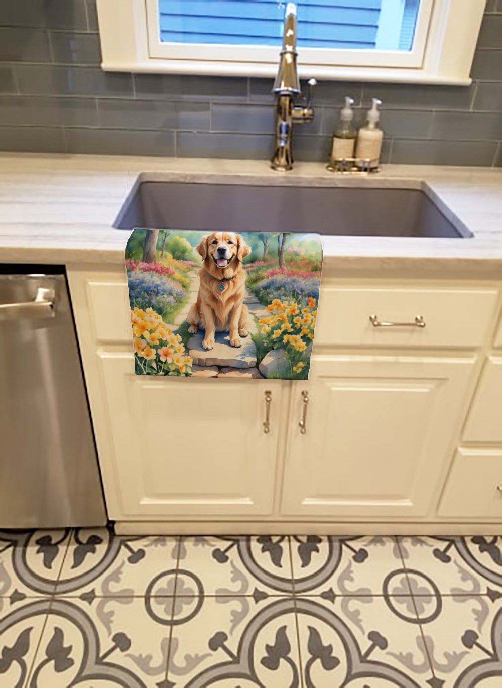 Golden Retriever Spring Path Kitchen Towel Velour Plush Front and Cotton Loop Back Machine Washable