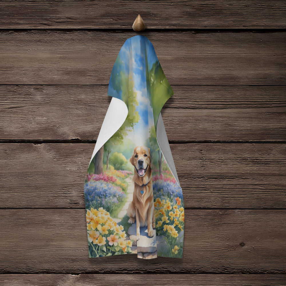 Golden Retriever Spring Path Kitchen Towel Velour Plush Front and Cotton Loop Back Machine Washable