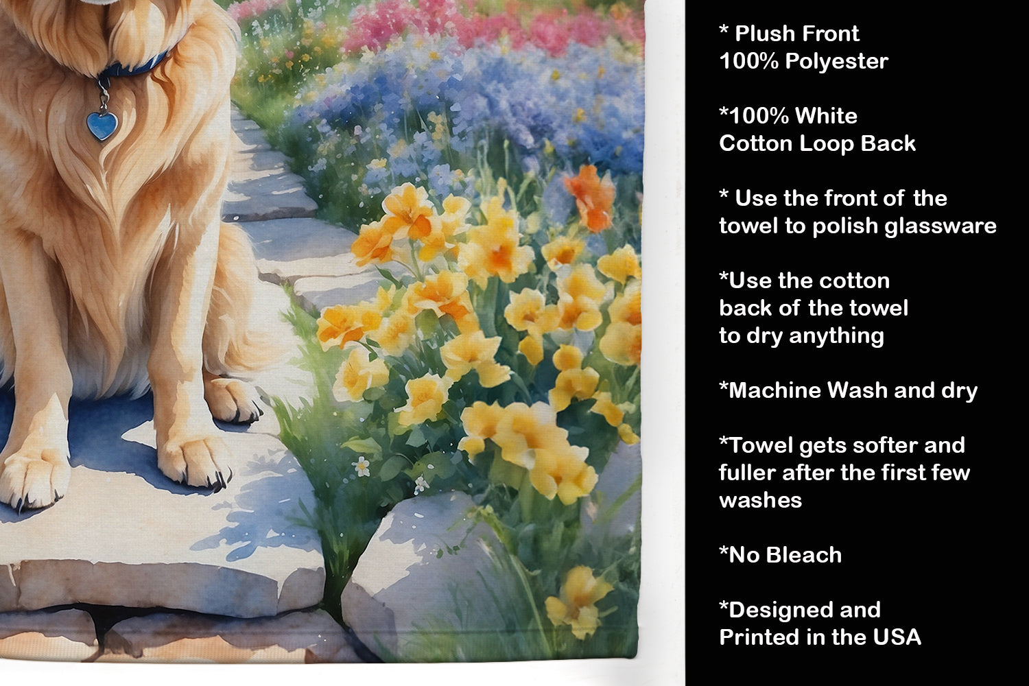 Golden Retriever Spring Path Kitchen Towel Velour Plush Front and Cotton Loop Back Machine Washable