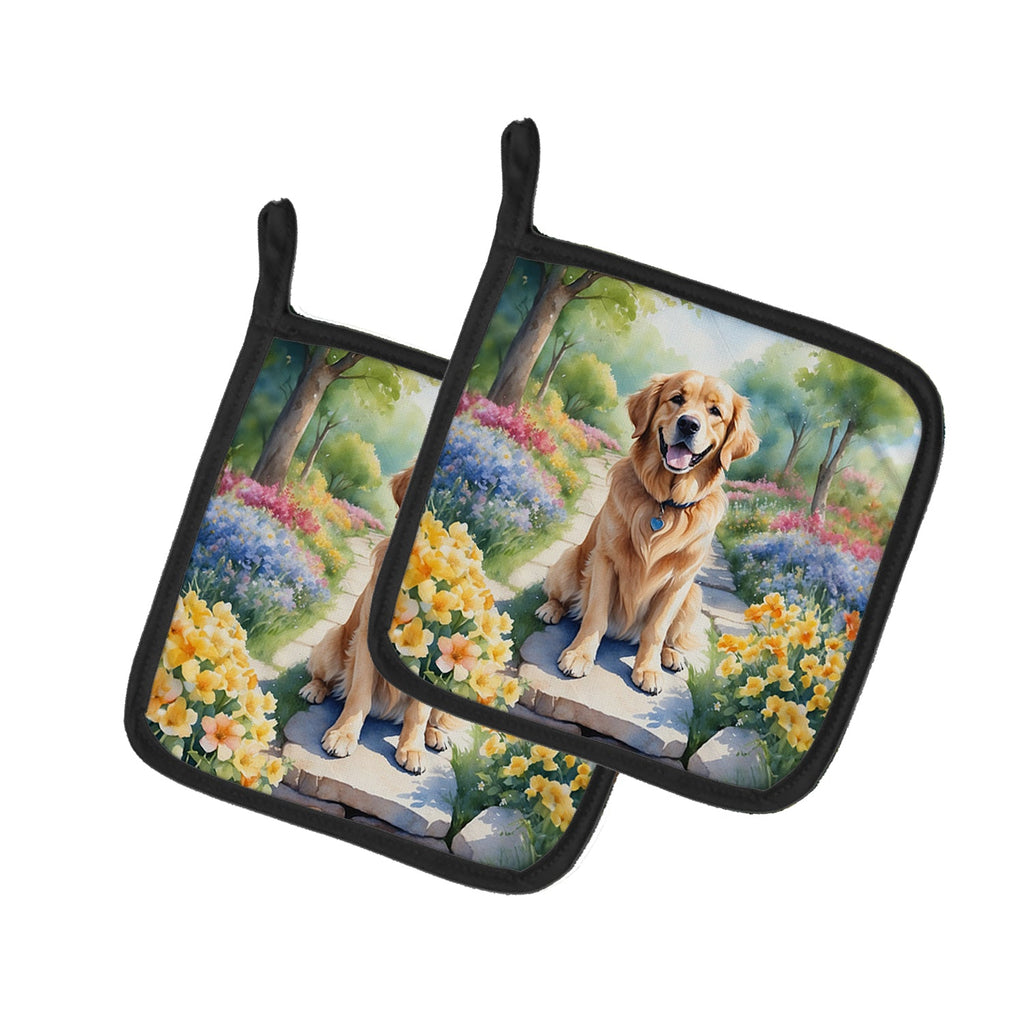 Golden Retriever Spring Path Pot Holder Set of 2 Heat Resistant Quilted Hot Pads 7.5 x 7.5 Inch, Insulated Kitchen Trivets for Cooking & Baking