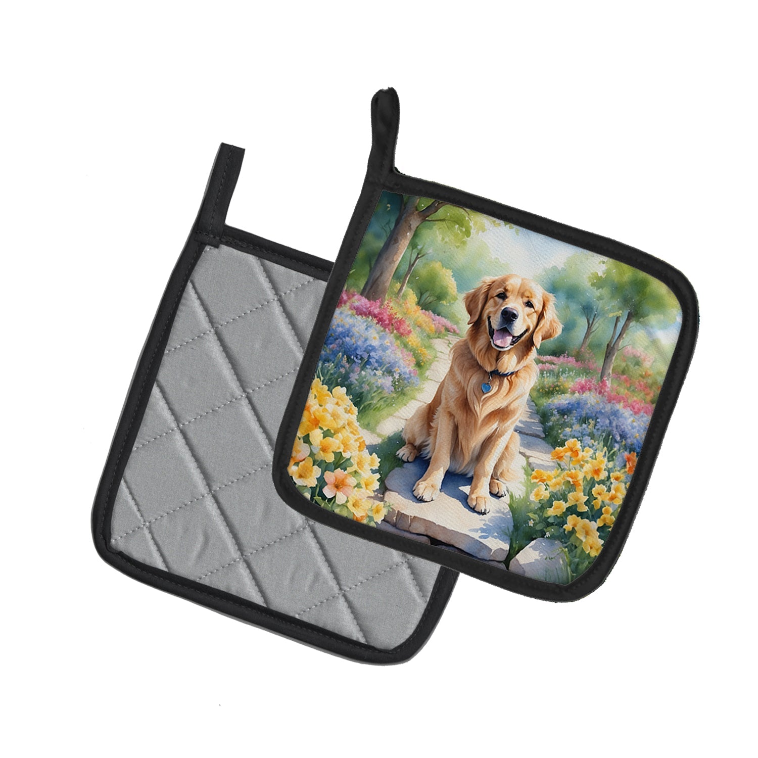 Golden Retriever Spring Path Pot Holder Set of 2 Heat Resistant Quilted Hot Pads 7.5 x 7.5 Inch, Insulated Kitchen Trivets for Cooking & Baking