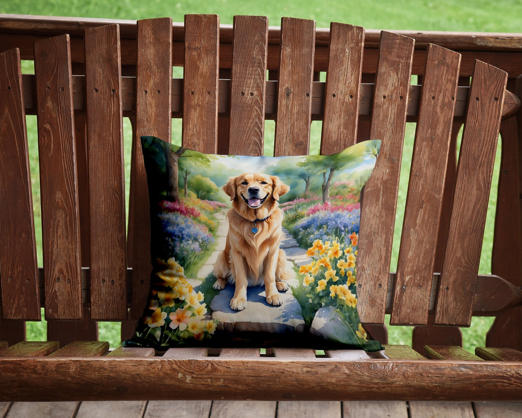 Golden Retriever Spring Path Decorative Throw Pillow 14x14 Indoor Outdoor Accent Cushion, Fabric Cover with Insert for Sofa, Bed, Porch & Living Room