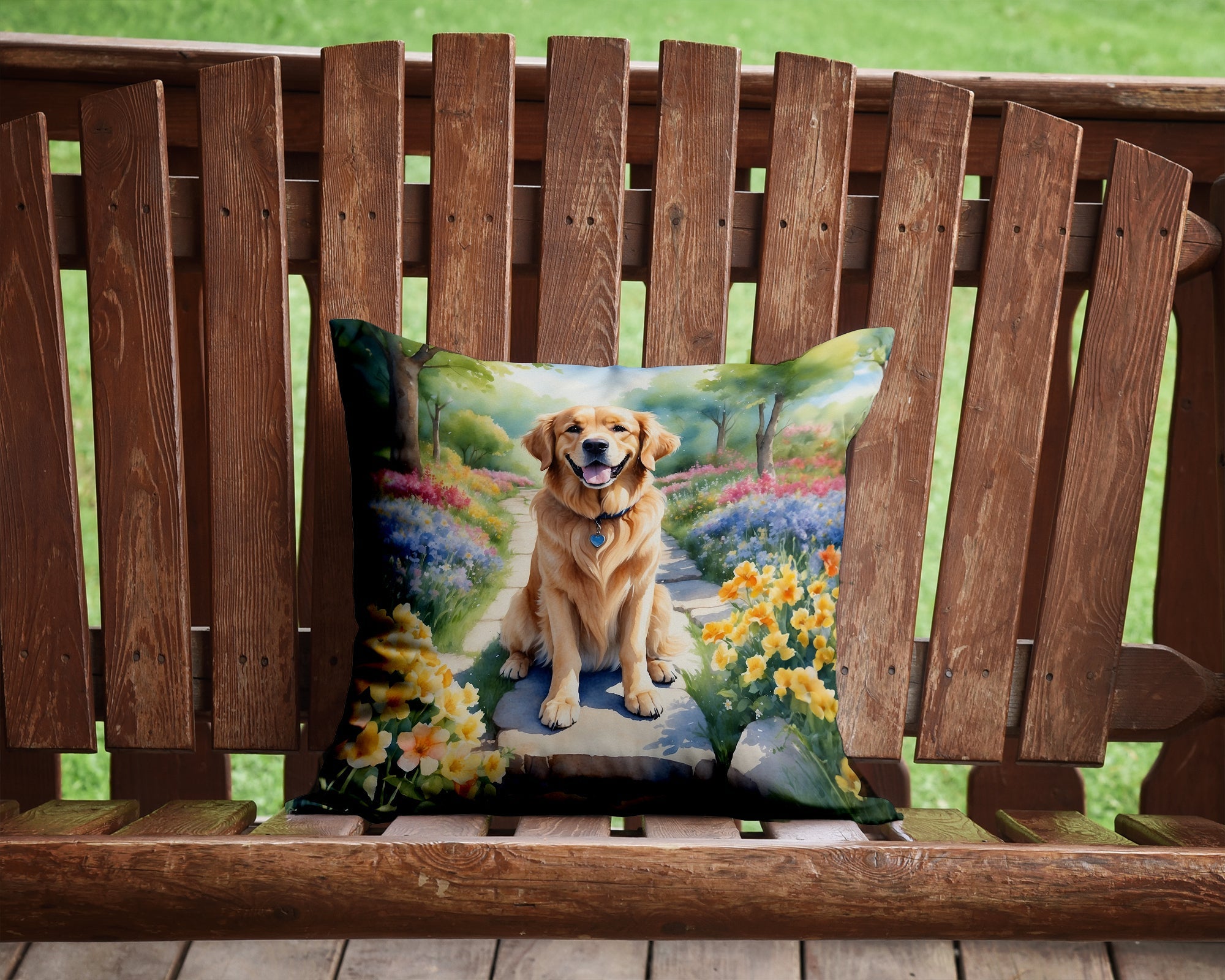 Golden Retriever Spring Path Decorative Throw Pillow 14x14 Indoor Outdoor Accent Cushion, Fabric Cover with Insert for Sofa, Bed, Porch & Living Room