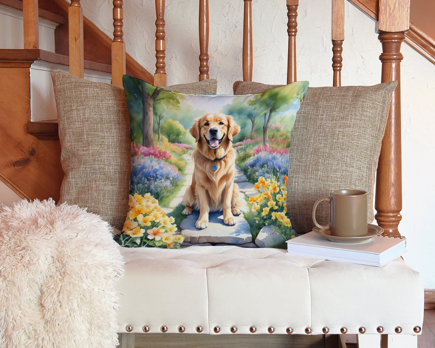 Golden Retriever Spring Path Decorative Throw Pillow 14x14 Indoor Outdoor Accent Cushion, Fabric Cover with Insert for Sofa, Bed, Porch & Living Room