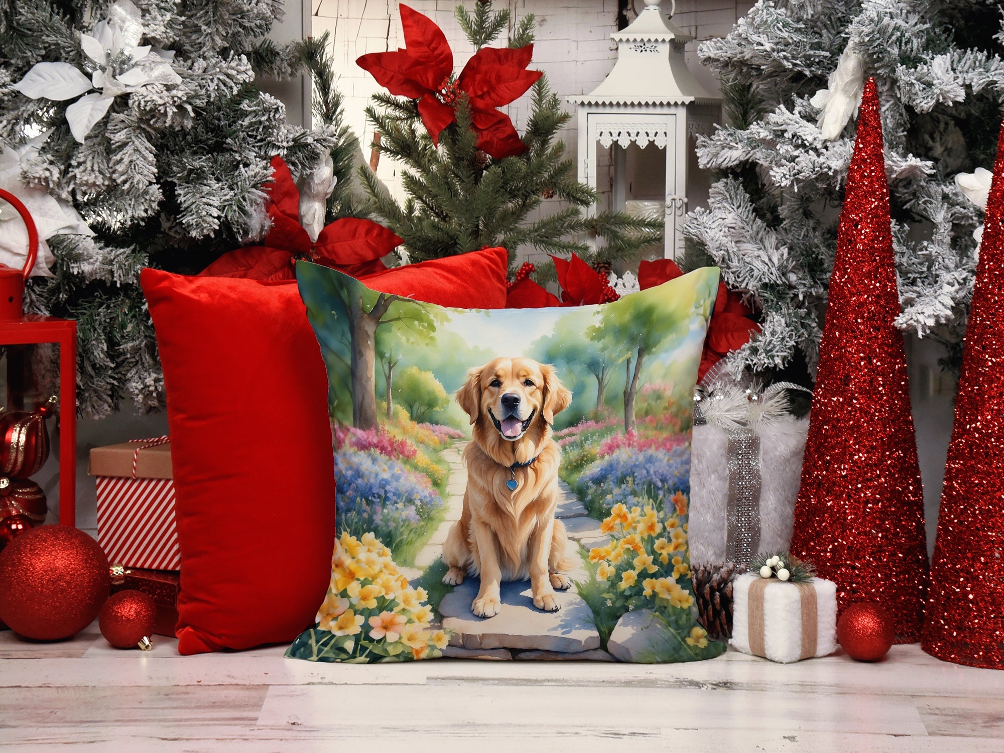 Golden Retriever Spring Path Decorative Throw Pillow 14x14 Indoor Outdoor Accent Cushion, Fabric Cover with Insert for Sofa, Bed, Porch & Living Room