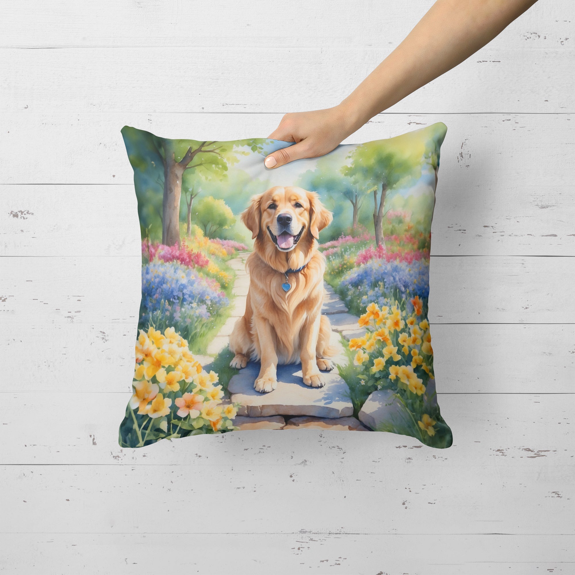 Golden Retriever Spring Path Decorative Throw Pillow 18x18 Indoor Outdoor Accent Cushion, Fabric Cover with Insert for Sofa, Bed, Porch & Living Room