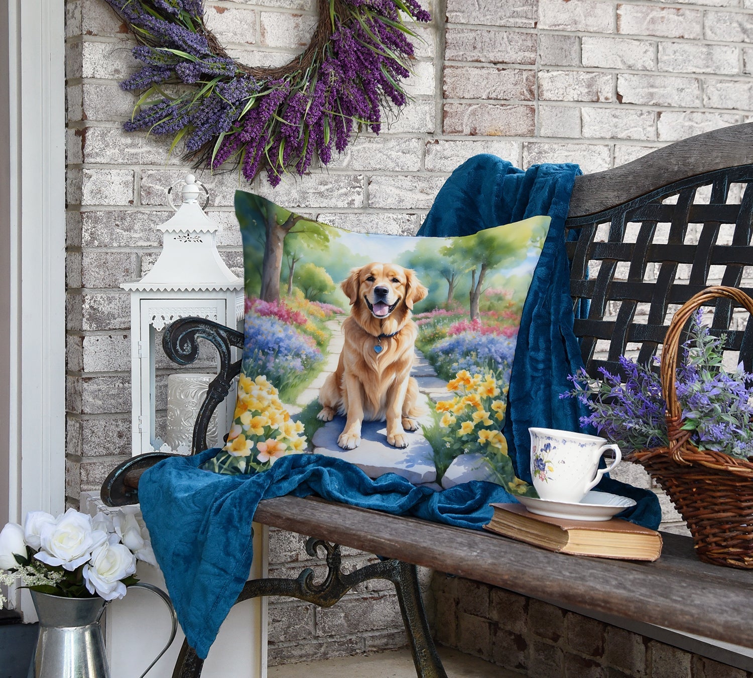 Golden Retriever Spring Path Decorative Throw Pillow 18x18 Indoor Outdoor Accent Cushion, Fabric Cover with Insert for Sofa, Bed, Porch & Living Room