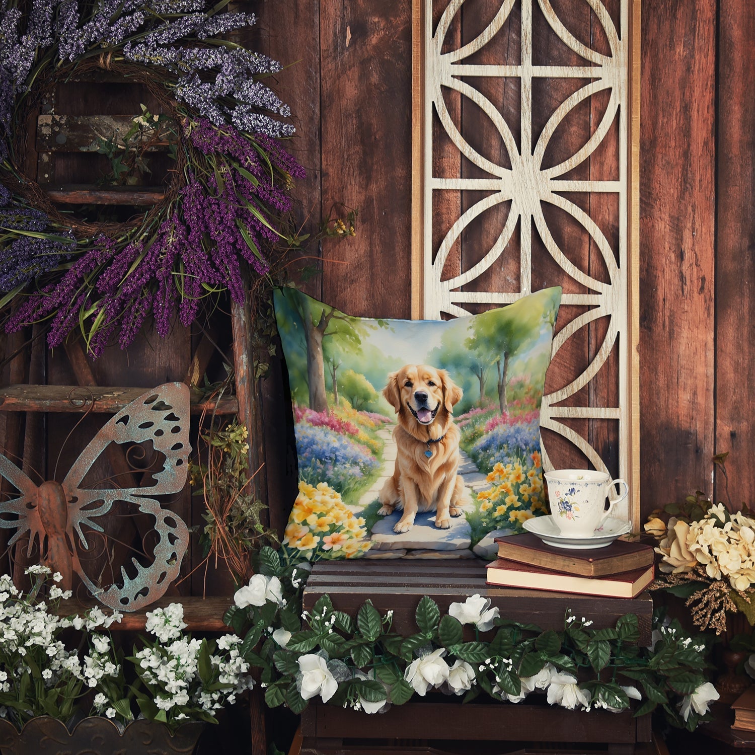 Golden Retriever Spring Path Decorative Throw Pillow 18x18 Indoor Outdoor Accent Cushion, Fabric Cover with Insert for Sofa, Bed, Porch & Living Room
