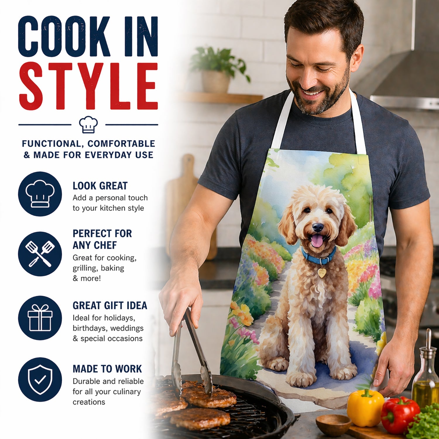 Goldendoodle Spring Path Apron Cooking Kitchen Server Baking Crafts Gardening for Adult Women Men, Unisex, Large, Multicolor