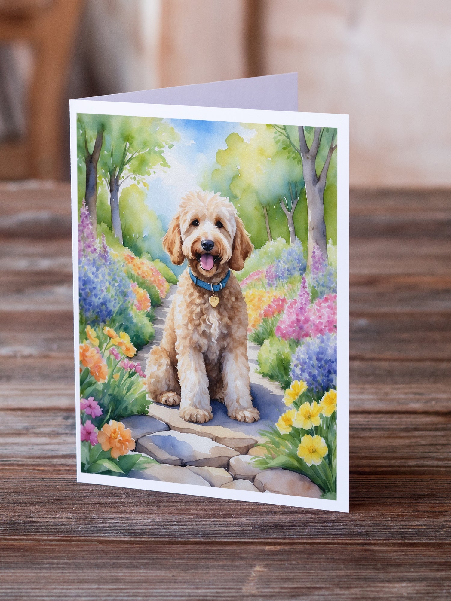 Goldendoodle Spring Path Greeting Cards Pack of 8 Blank Cards with Envelopes Whimsical A7 Size 5x7