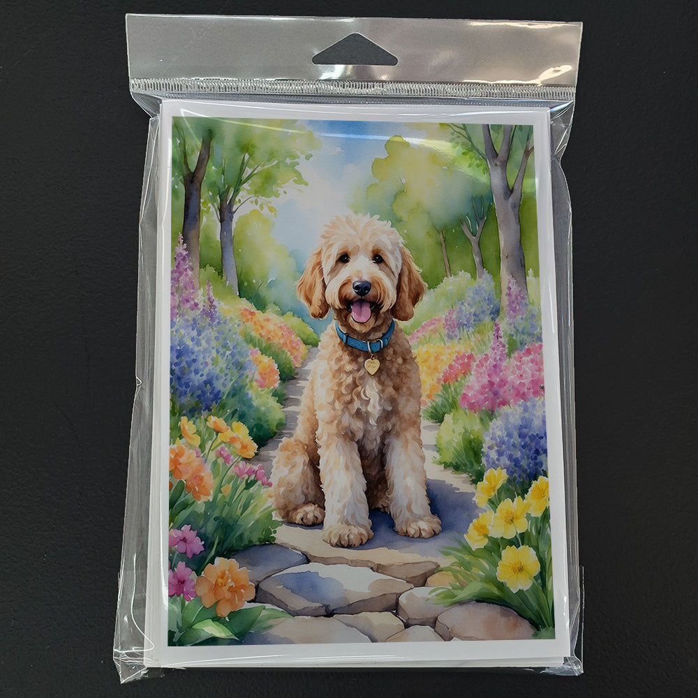Goldendoodle Spring Path Greeting Cards Pack of 8 Blank Cards with Envelopes Whimsical A7 Size 5x7