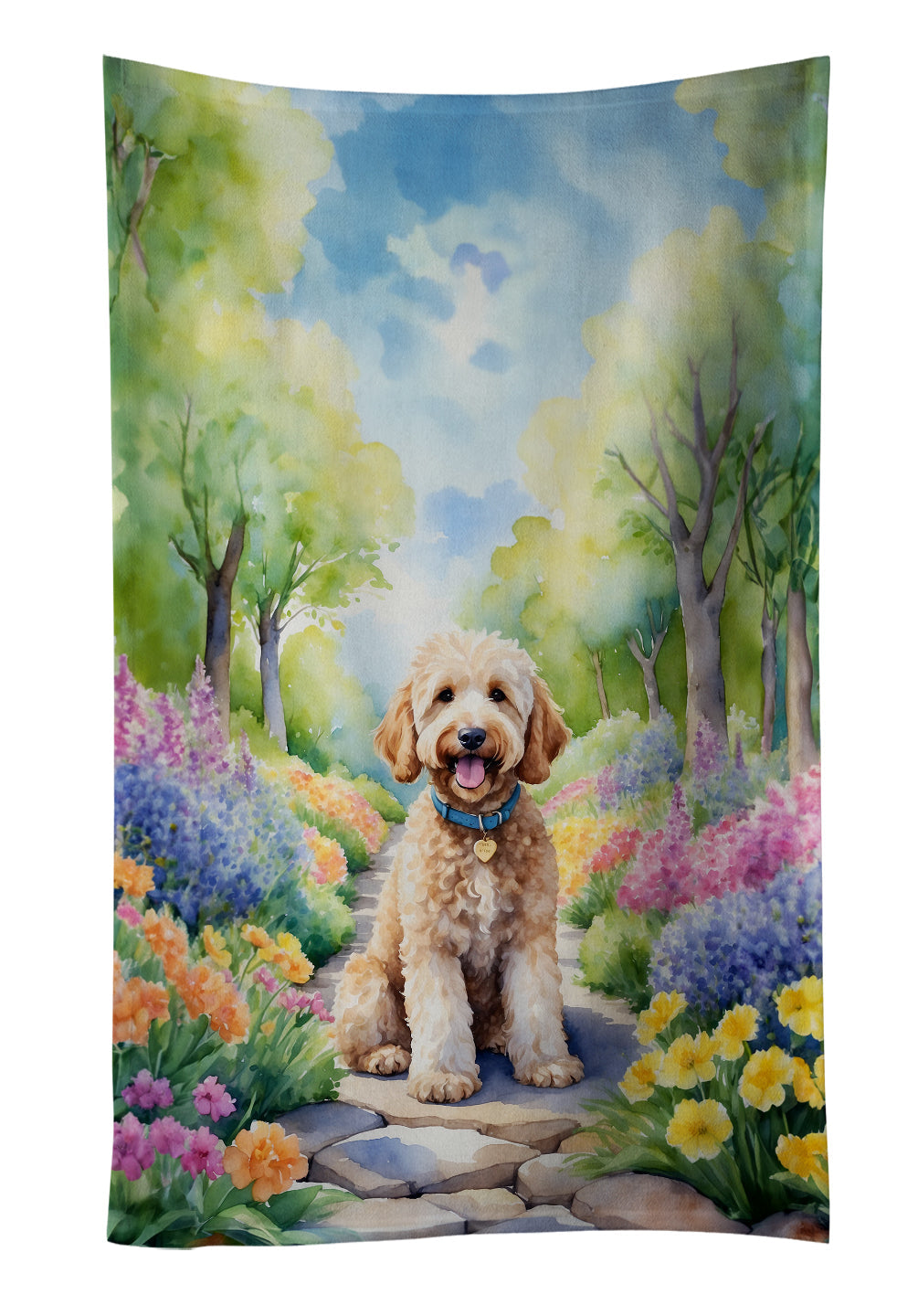 Goldendoodle Spring Path Kitchen Towel Velour Plush Front and Cotton Loop Back Machine Washable
