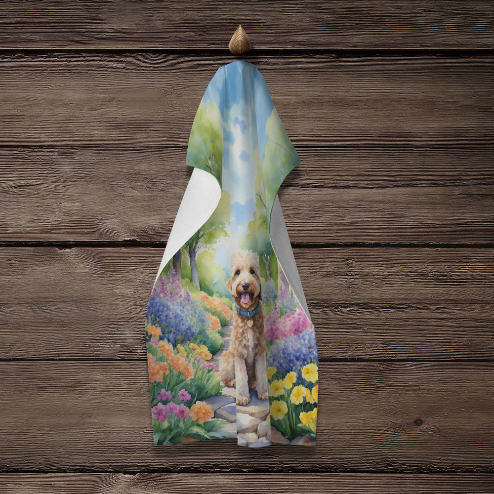 Goldendoodle Spring Path Kitchen Towel Velour Plush Front and Cotton Loop Back Machine Washable