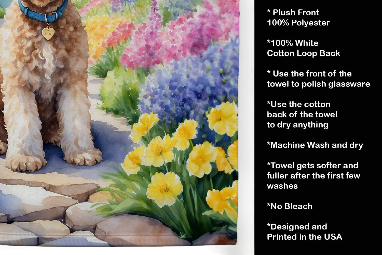 Goldendoodle Spring Path Kitchen Towel Velour Plush Front and Cotton Loop Back Machine Washable