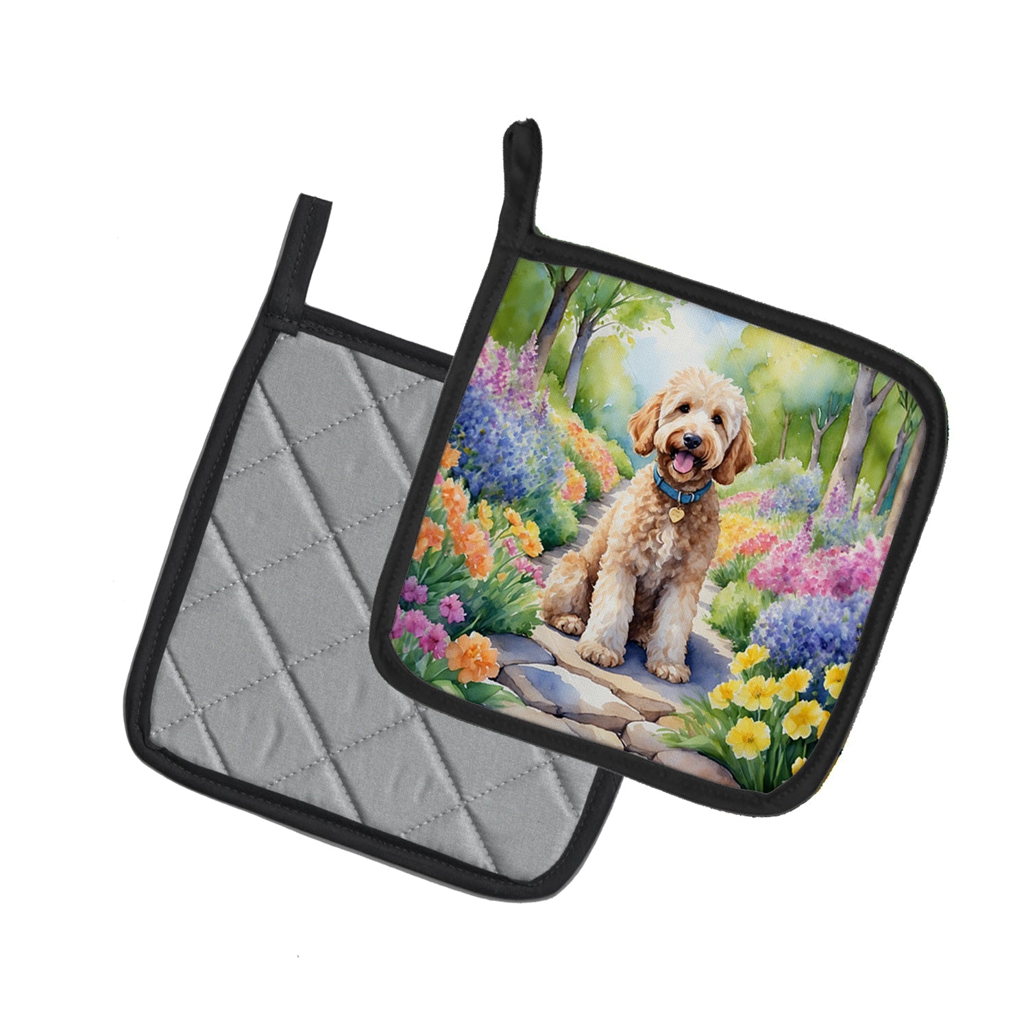 Goldendoodle Spring Path Pot Holder Set of 2 Heat Resistant Quilted Hot Pads 7.5 x 7.5 Inch, Insulated Kitchen Trivets for Cooking & Baking
