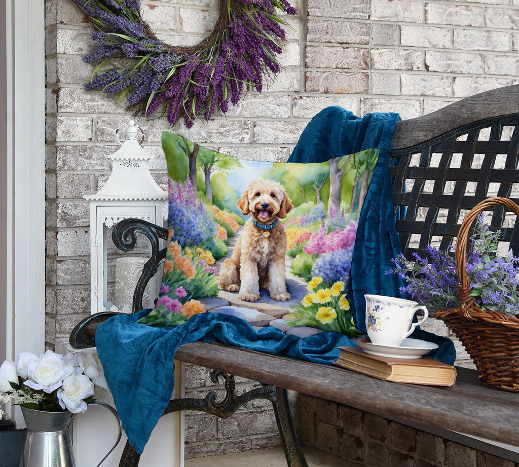 Goldendoodle Spring Path Decorative Throw Pillow 18x18 Indoor Outdoor Accent Cushion, Fabric Cover with Insert for Sofa, Bed, Porch & Living Room