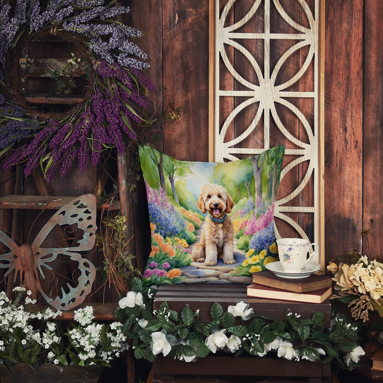 Goldendoodle Spring Path Decorative Throw Pillow 18x18 Indoor Outdoor Accent Cushion, Fabric Cover with Insert for Sofa, Bed, Porch & Living Room