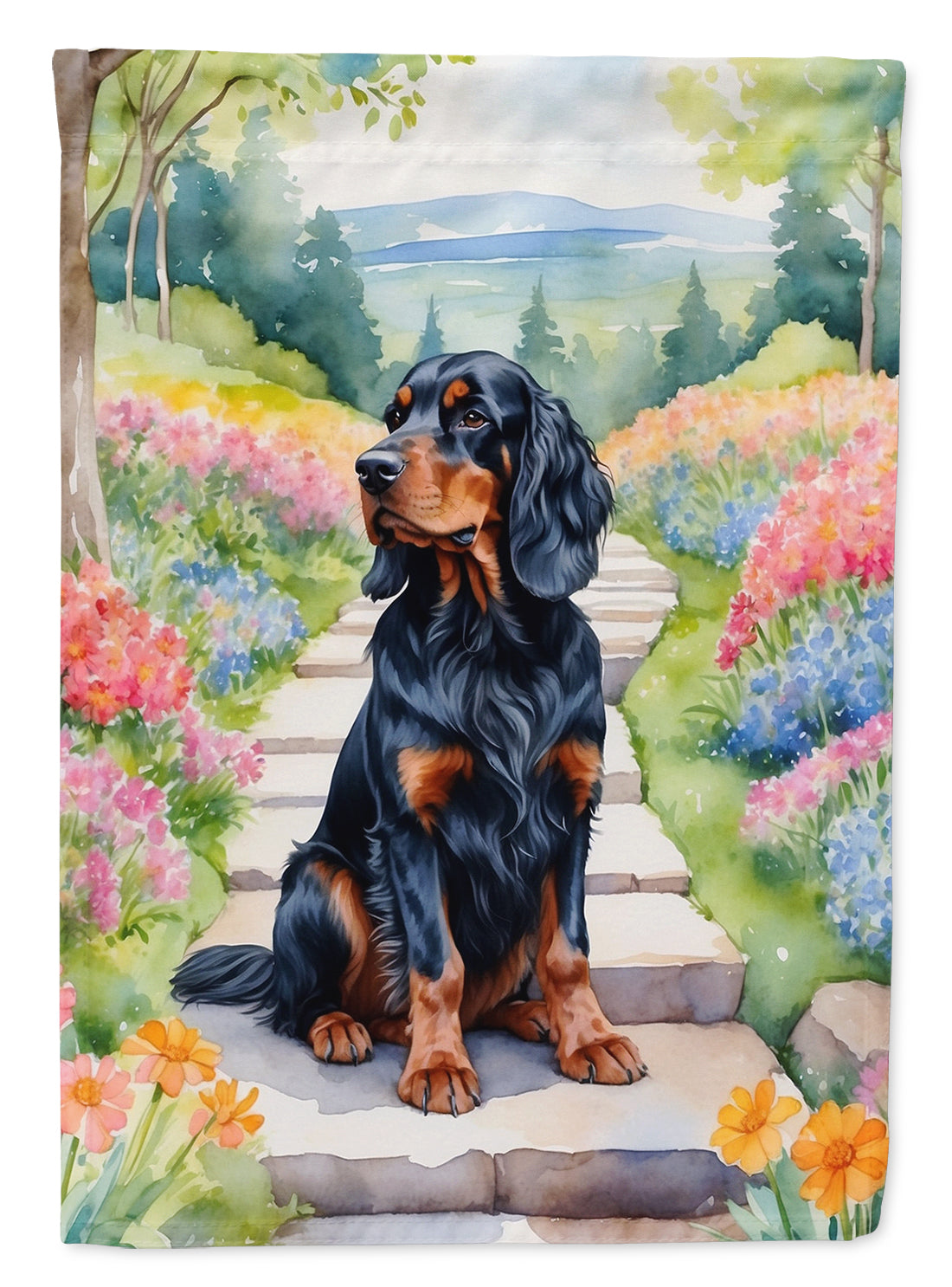 Gordon Setter Spring Path House Flag 28x40 Porch Sleeve Pole Decorative Outside Yard Banner Artwork Wall Hanging, Polyester