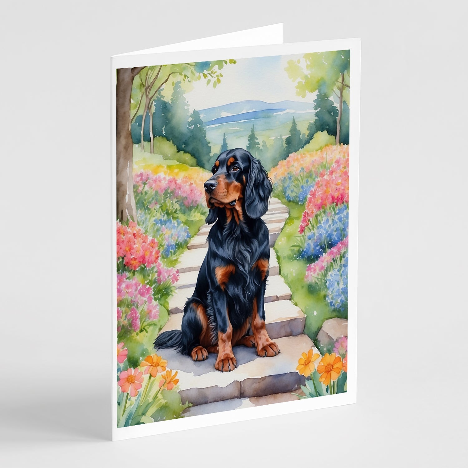 Gordon Setter Spring Path Greeting Cards Pack of 8 Blank Cards with Envelopes Whimsical A7 Size 5x7