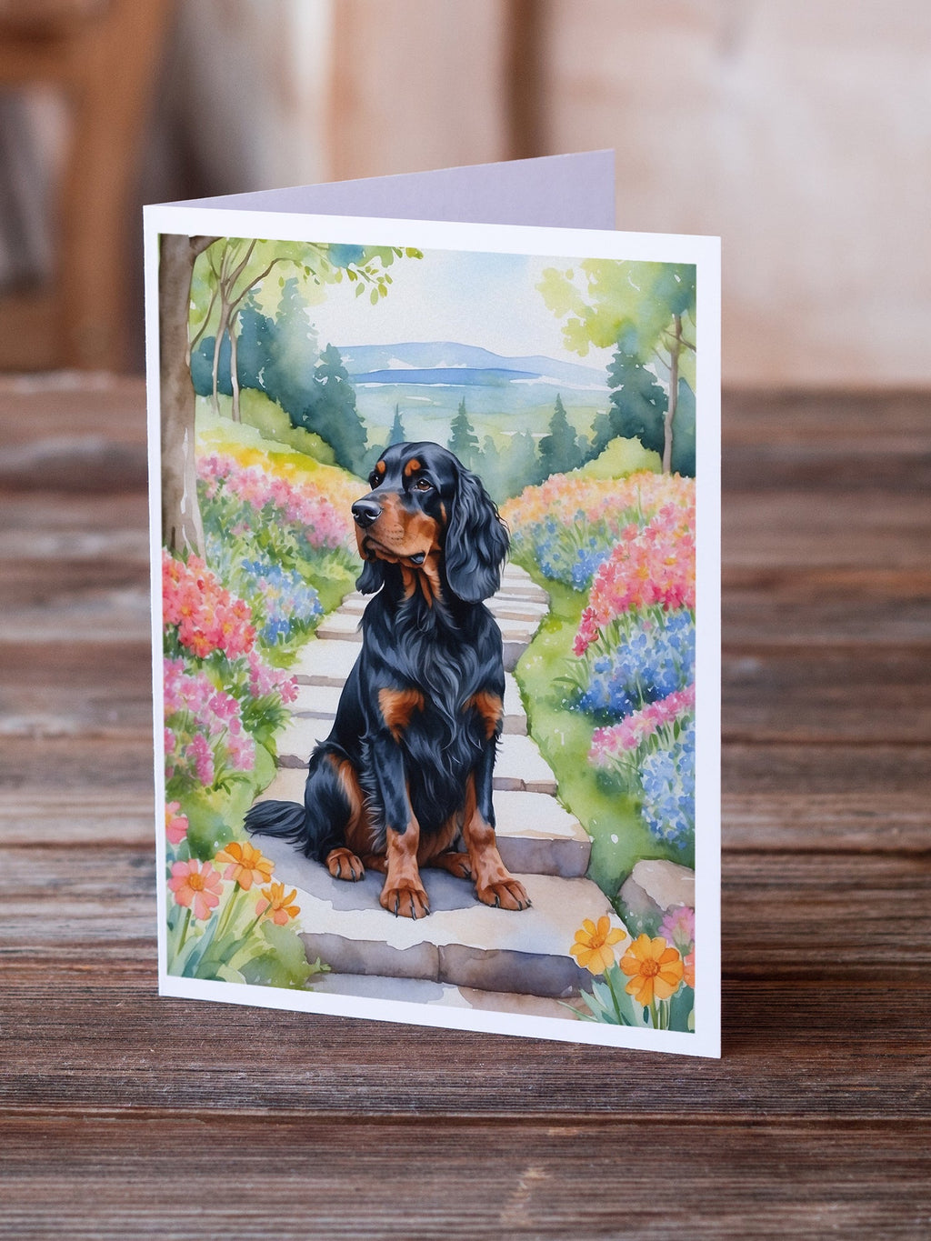 Gordon Setter Spring Path Greeting Cards Pack of 8 Blank Cards with Envelopes Whimsical A7 Size 5x7
