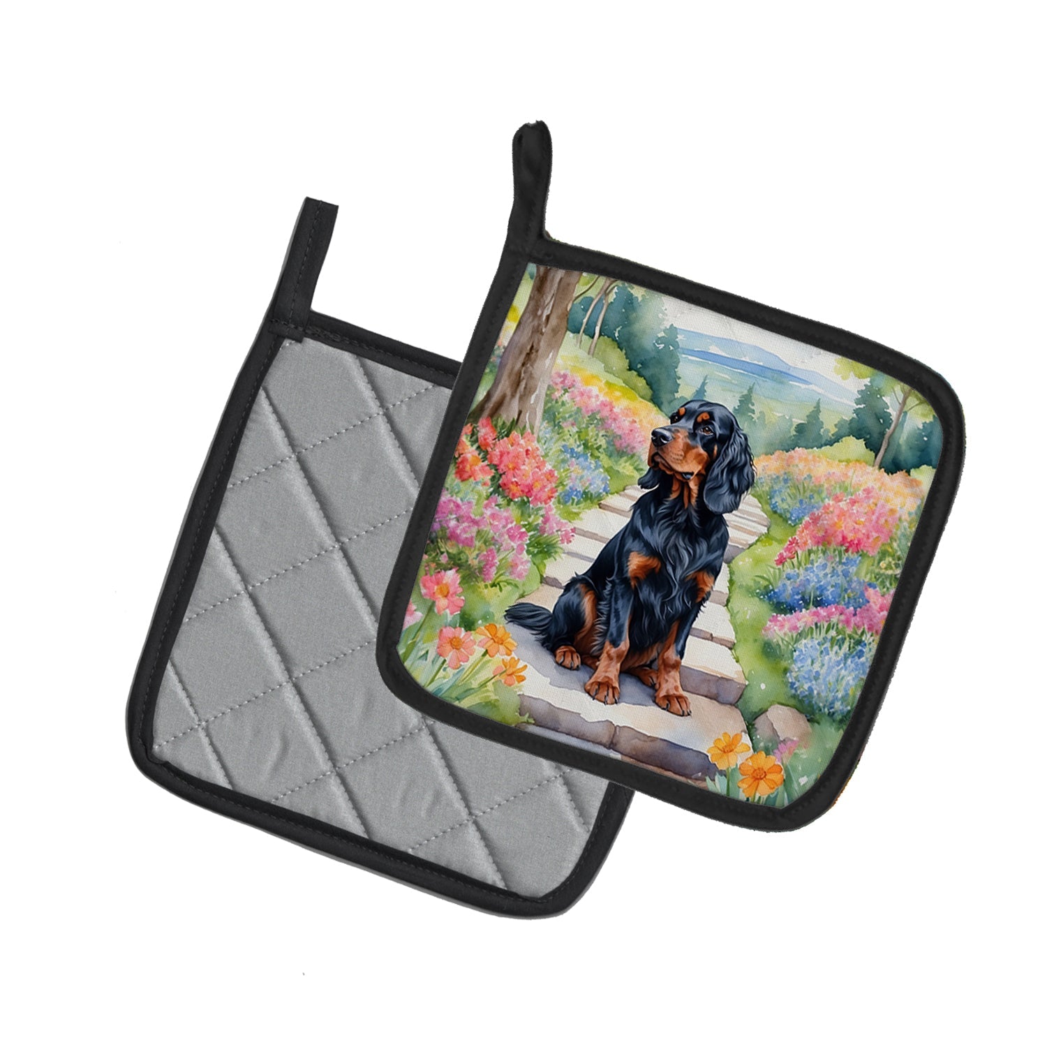 Gordon Setter Spring Path Pot Holder Set of 2 Heat Resistant Quilted Hot Pads 7.5 x 7.5 Inch, Insulated Kitchen Trivets for Cooking & Baking