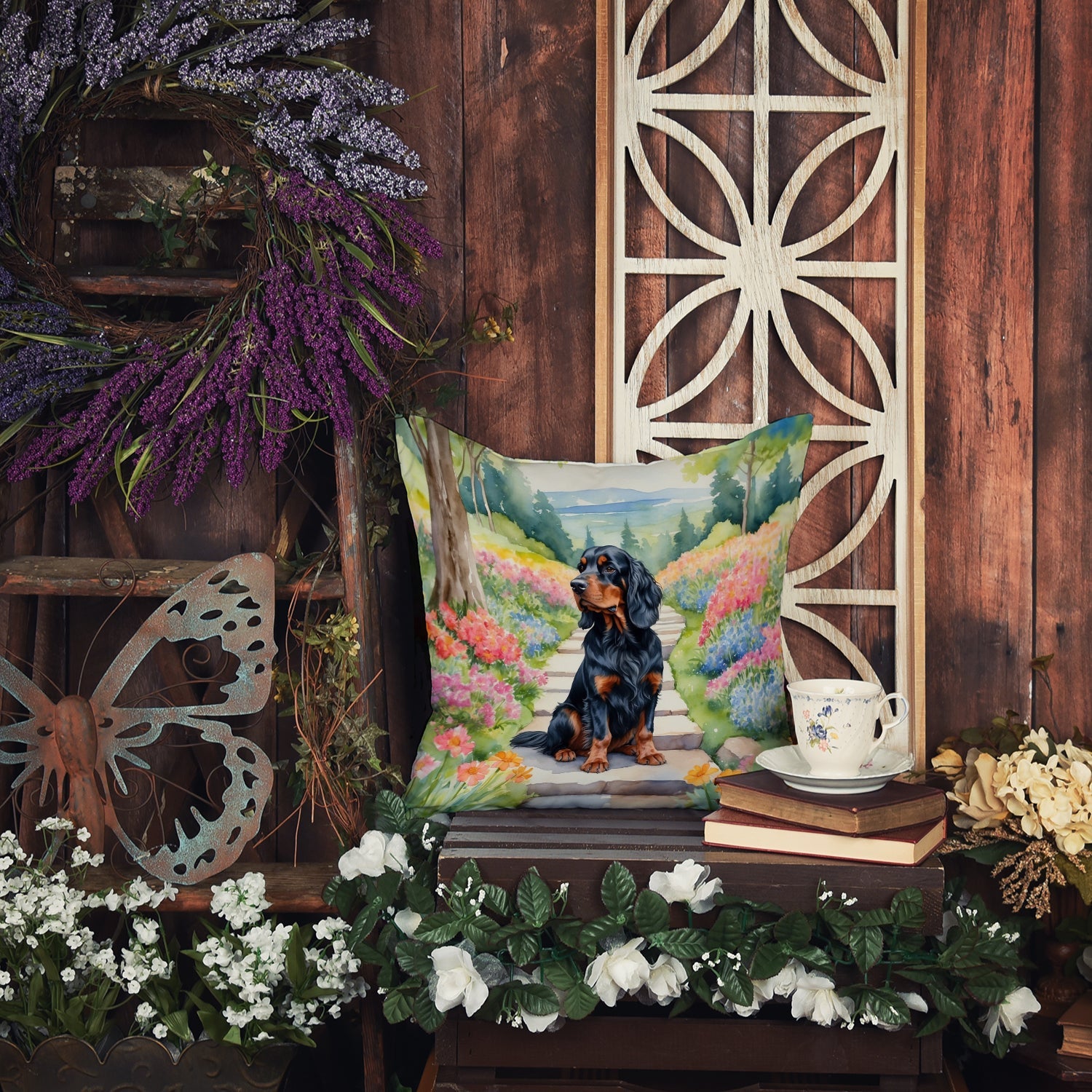 Gordon Setter Spring Path Decorative Throw Pillow 18x18 Indoor Outdoor Accent Cushion, Fabric Cover with Insert for Sofa, Bed, Porch & Living Room