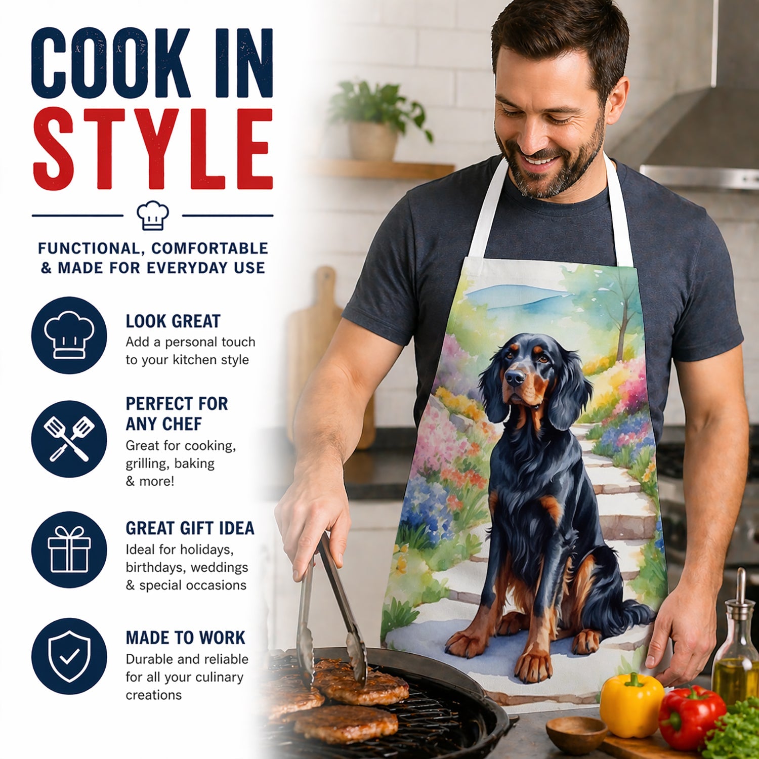 Gordon Setter Spring Path Apron Cooking Kitchen Server Baking Crafts Gardening for Adult Women Men, Unisex, Large, Multicolor