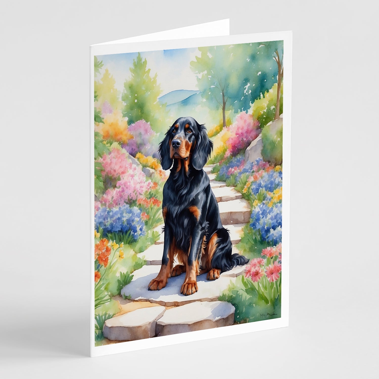 Gordon Setter Spring Path Greeting Cards Pack of 8 Blank Cards with Envelopes Whimsical A7 Size 5x7