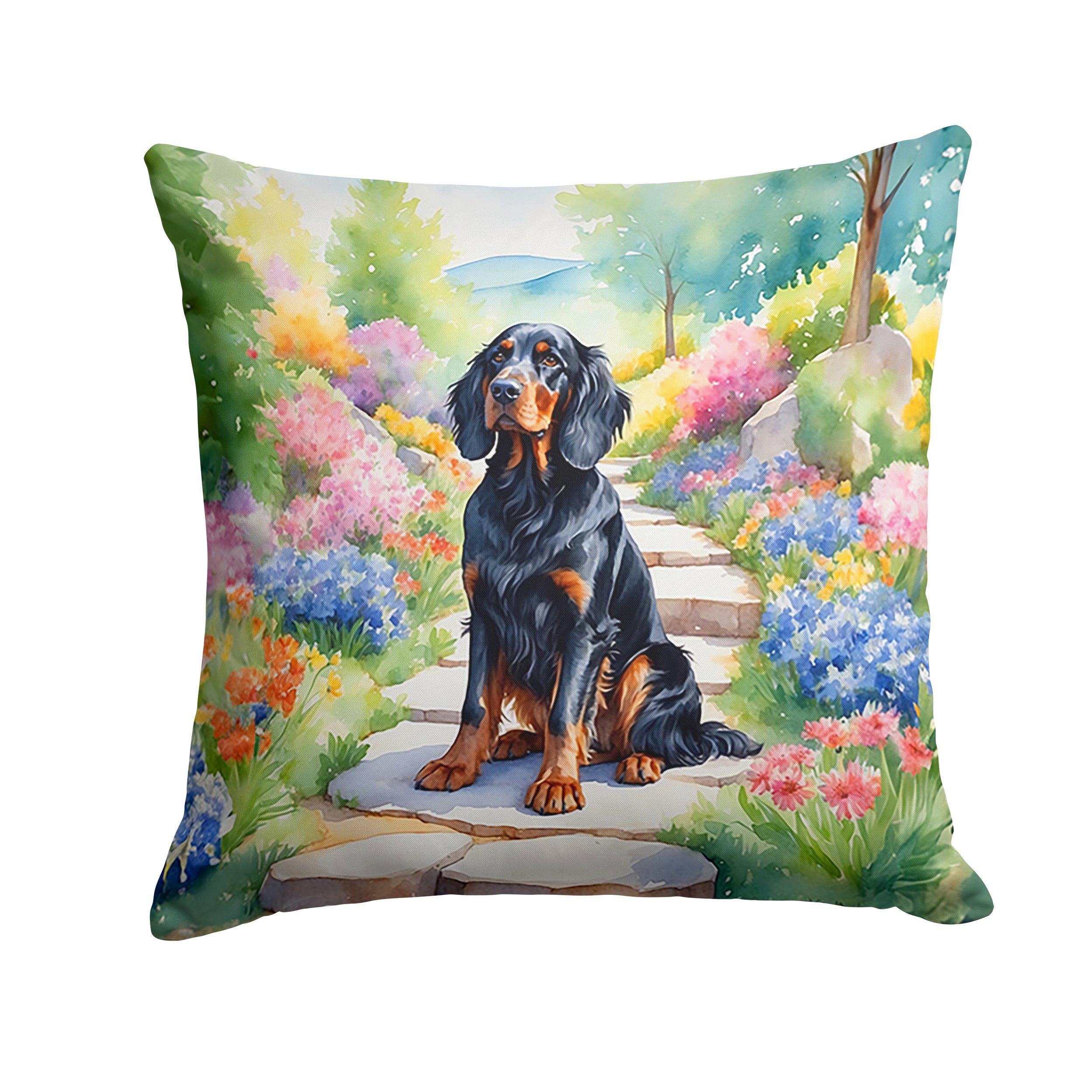 Gordon Setter Spring Path Decorative Throw Pillow 14x14 Indoor Outdoor Accent Cushion, Fabric Cover with Insert for Sofa, Bed, Porch & Living Room