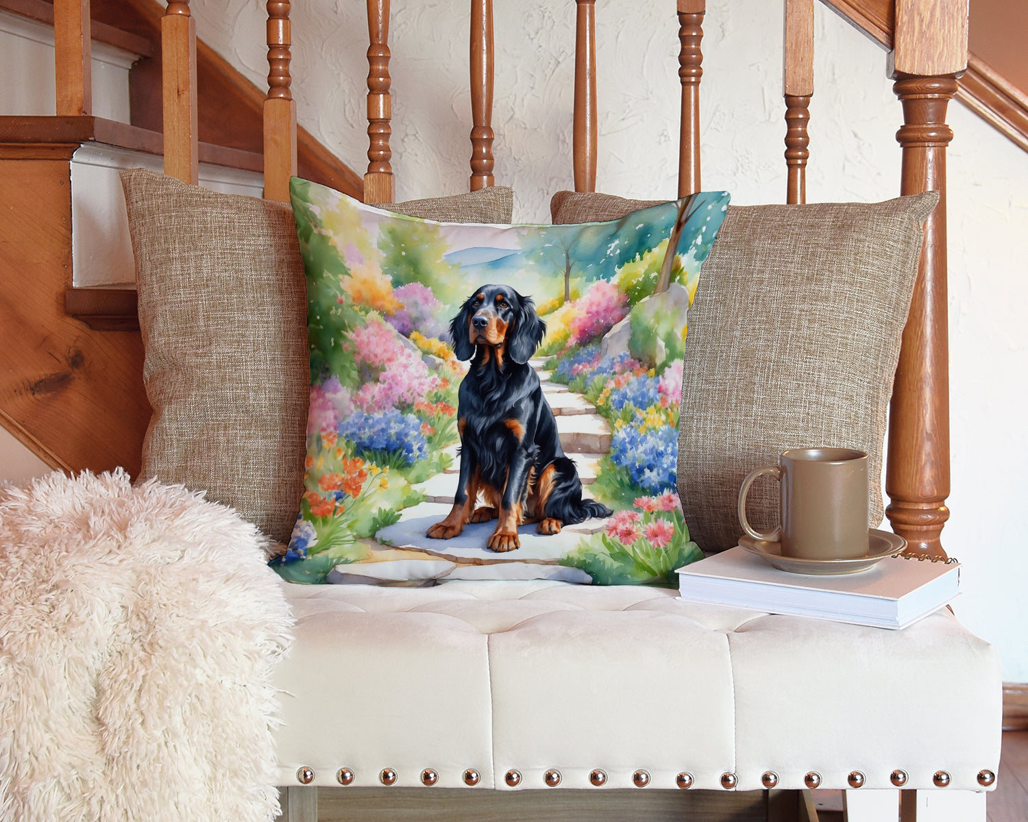 Gordon Setter Spring Path Decorative Throw Pillow 14x14 Indoor Outdoor Accent Cushion, Fabric Cover with Insert for Sofa, Bed, Porch & Living Room