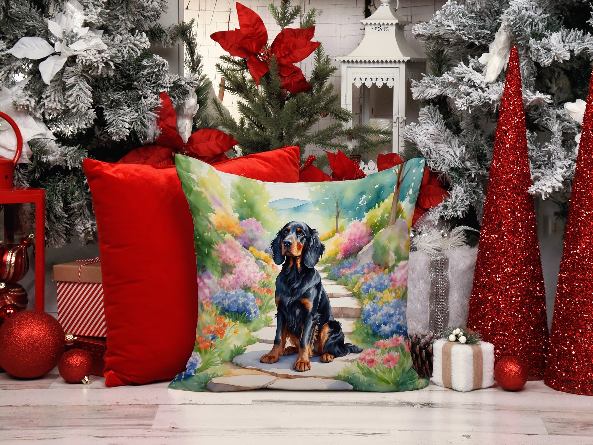 Gordon Setter Spring Path Decorative Throw Pillow 14x14 Indoor Outdoor Accent Cushion, Fabric Cover with Insert for Sofa, Bed, Porch & Living Room