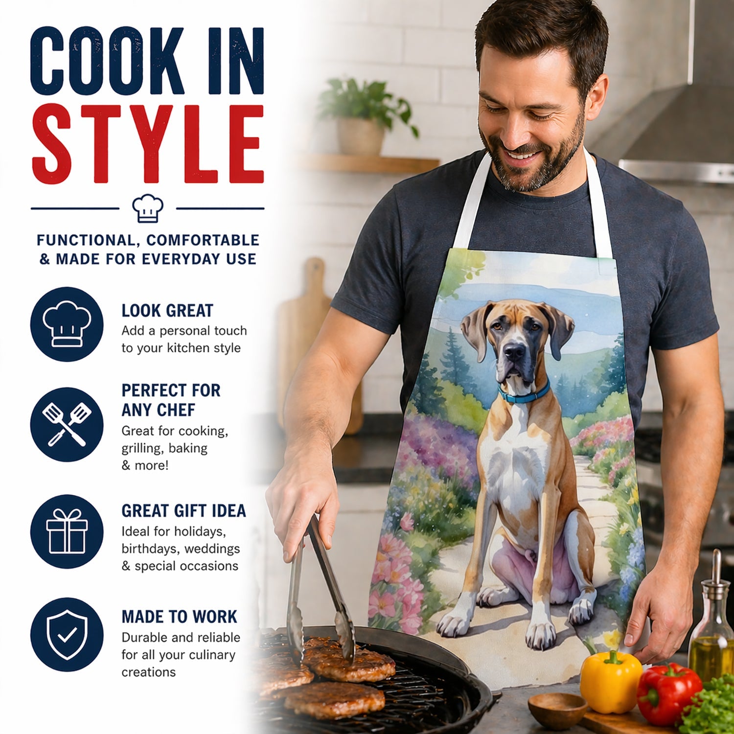 Great Dane Spring Path Apron Cooking Kitchen Server Baking Crafts Gardening for Adult Women Men, Unisex, Large, Multicolor