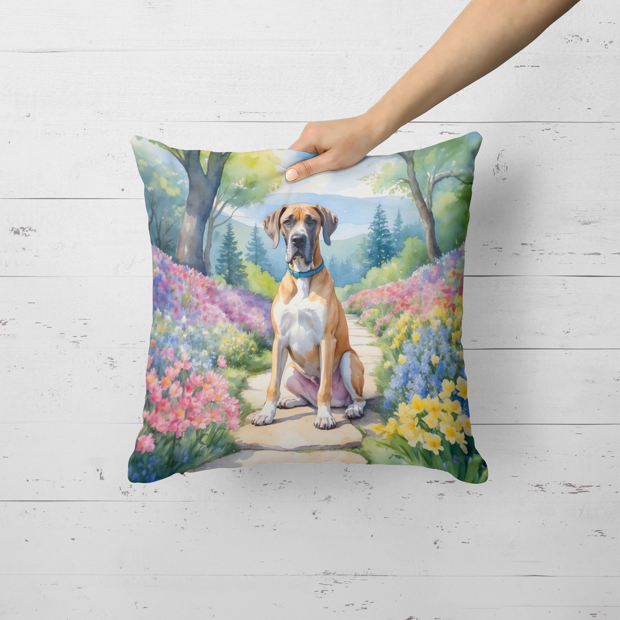 Great Dane Spring Path Decorative Throw Pillow 18x18 Indoor Outdoor Accent Cushion, Fabric Cover with Insert for Sofa, Bed, Porch & Living Room